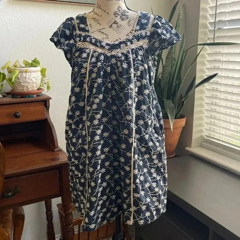 Umgee Women's Tunic Dress Size M Blue 100% Cotton Embroidered Fairycore